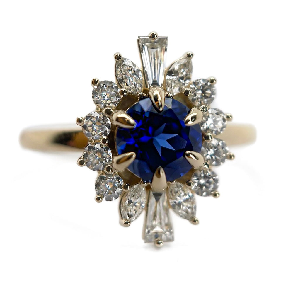 Claw Set Blue Sapphire + White Diamond Halo Ring
