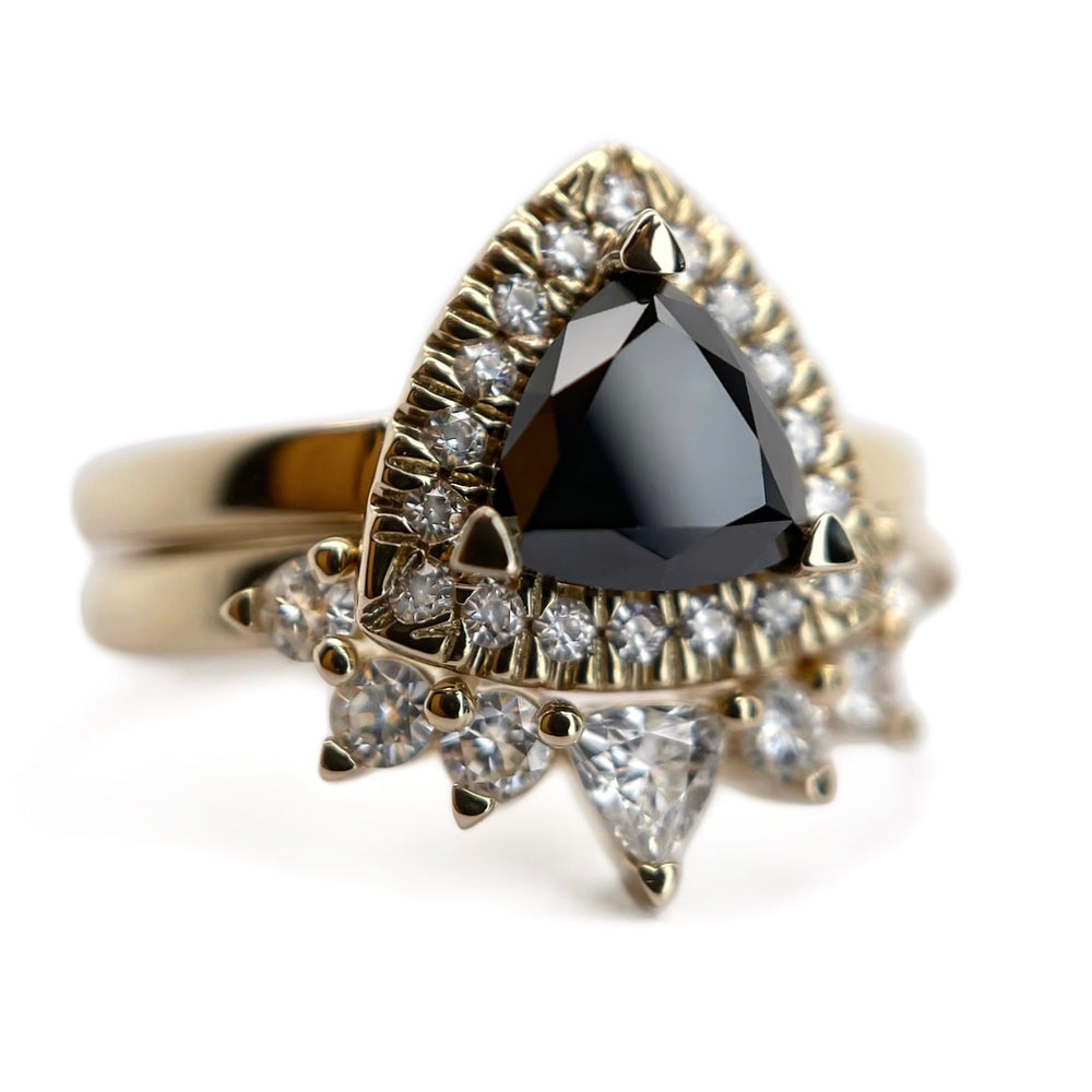 Trillion Black Diamond & Moissanite Halo Ring + Crown Fitted Contour Band